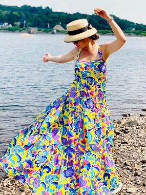 J. Crew Dalia Tiered Bright Yellow Multicolor Floral Maxi Sundress